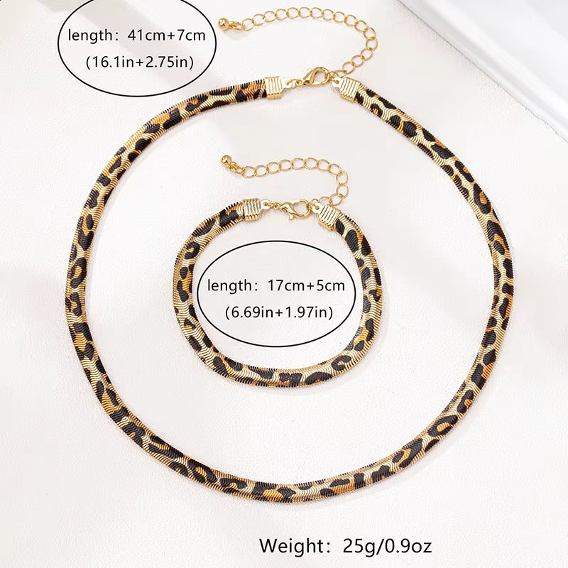 2PCS Leopard Print Snake Chain Bracelet Necklace Set for Women Fashion Jewelry Daily Wear Accessories Trendy New Styles Gifts