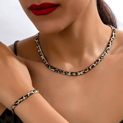 2PCS Leopard Print Snake Chain Bracelet Necklace Set for Women Fashion Jewelry Daily Wear Accessories Trendy New Styles Gifts