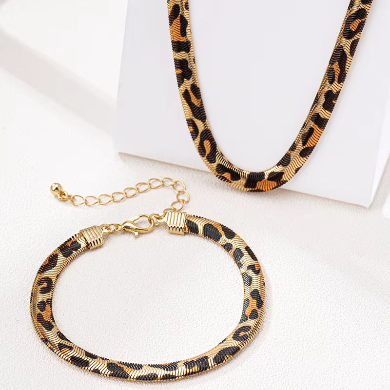 2PCS Leopard Print Snake Chain Bracelet Necklace Set for Women Fashion Jewelry Daily Wear Accessories Trendy New Styles Gifts