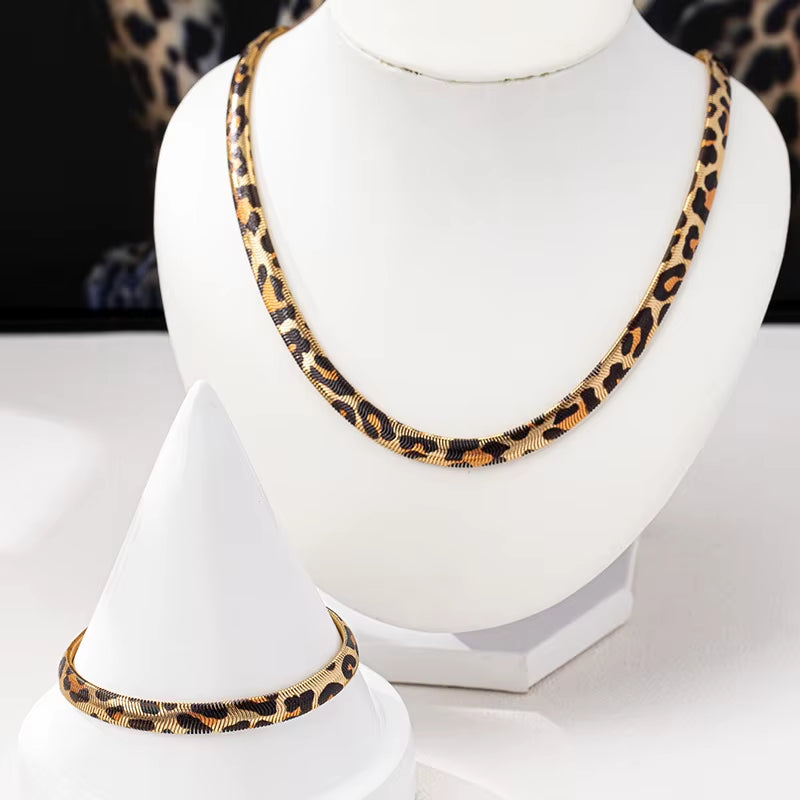 2PCS Leopard Print Snake Chain Bracelet Necklace Set for Women Fashion Jewelry Daily Wear Accessories Trendy New Styles Gifts