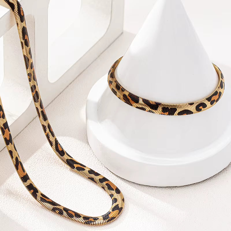 2PCS Leopard Print Snake Chain Bracelet Necklace Set for Women Fashion Jewelry Daily Wear Accessories Trendy New Styles Gifts